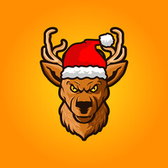 Deer with santa claus hat illustration. Deer head vector
