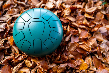 Handpan tongue drum relaxing musical instrument placed on the left of the frame against a dark brown background of dry and colorful autumn leaves. Yoga meditation music. Copy space.