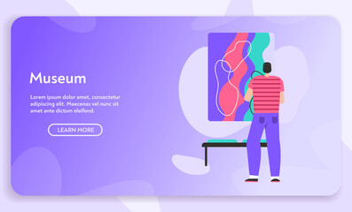 Vector banner of Museum concept. Man watching exhibition of painting