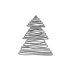 Christmas tree continuous line drawing, small tattoo, print for clothes, emblem or logo design, silhouette one single line on a white background, isolated vector illustration.