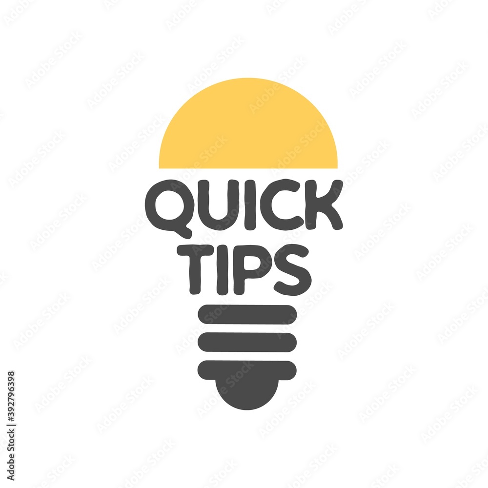 Poster simple quick tips badge with light bulb. symbol of advice, useful suggestion and helpful tricks. fla
