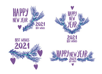 vestor set of gritting happy new year winter color 2021, with xmas tree element
