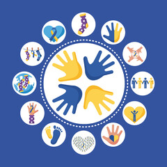 socks and ribbon campaign hanging with bundle of down syndrome set icons