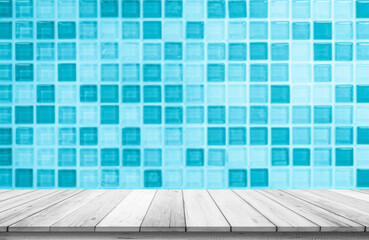 Empty wooden table top on blue ceramic tile wall for the bathroom background, Design wood terrace white. Perspective show space for your copy space and branding. Can be used as product display montage