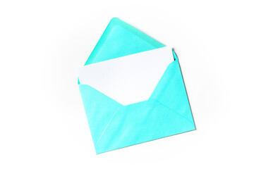 A greeting card in a blue envelope mock-up, shot from the top on a white background with a place for text