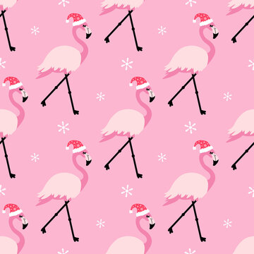 Cute Cartoon Style Pink Tropical Flamingo In Santa Hat Vector Seamless Pattern Background For Christmas Design.