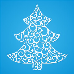 White Christmas tree on a blue background. Design elements for holiday cards. Beautiful applique. Abstract design. Vector illustration.