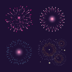 four pink and blue fireworks splash lights in sky night
