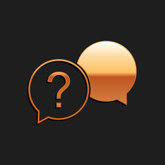 Gold Chat question icon isolated on black background. Help speech bubble symbol. FAQ sign. Question mark sign. Long shadow style. Vector.
