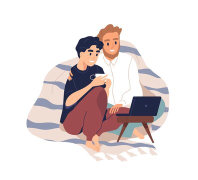 Gay couple covered with plaid cuddling and watching movie on laptop. Cute homosexual partners spend time together sitting at home. Flat vector cartoon illustration isolated on white background