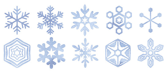 水彩　シンプルで美しい雪の結晶　冬　雪　六花　装飾イラストセット