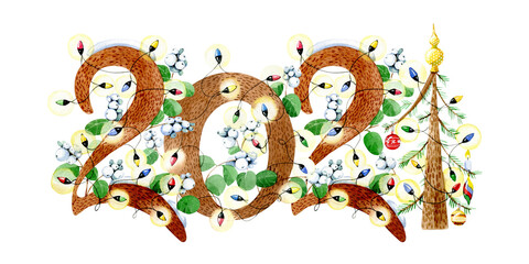 Christmas lettering. Symbol of the new year 2021 decorated with twigs, leaves and berries of a snowberry and a light multi-colored garland.