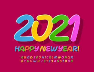 Vector colorful greeting card Happy New Year 2021! Handwritten bright Font. Modern artistic Alphabet Letters and Numbers set