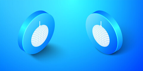 Isometric Disco ball icon isolated on blue background. Blue circle button. Vector.