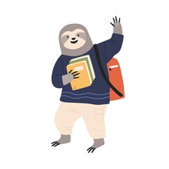 Animalistic childish character student carrying books and waving hand. Cute sloth pupil. Funny animal student with backpack going to school. Flat vector cartoon illustration isolated on white