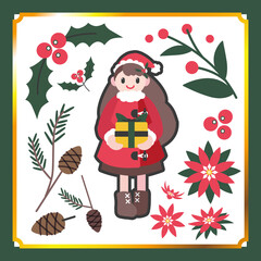 Little girl in santa outfit with Christmas plant motif