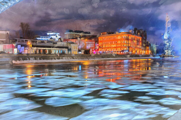 Fototapeta na wymiar Beautiful view of Moskva river embankment at night colorful painting looks like picture