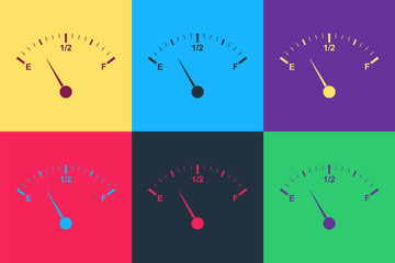 Pop art Motor gas gauge icon isolated on color background. Empty fuel meter. Full tank indication. Vector.