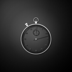 Silver Classic stopwatch icon isolated on black background. Timer icon. Chronometer sign. Long shadow style. Vector.