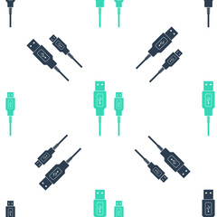 Green USB Micro cables icon isolated seamless pattern on white background. Connectors and sockets for PC and mobile devices. Smartphone recharge supply. Vector.