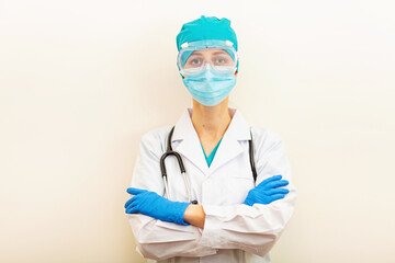 Doctor or nurse on beige background. Vaccination against Coronavirus covid-19 pandemic, hospital or clinic mockup