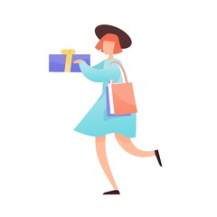 Faceless modern woman carrying shopping bags and gift box. Female character holding wrapped holiday present. Flat vector cartoon illustration isolated on white background
