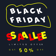 Black friday sale 50% off red and yellow typography banner design. Sale promotion square banner. Discount label. Discount tag template. Shopping and price symbol for website, flyer, brochure, shop