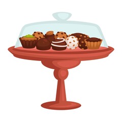 Chocolate cake and cupcake cookie and candy on stand isolated object