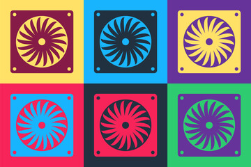 Pop art Computer cooler icon isolated on color background. PC hardware fan. Vector.