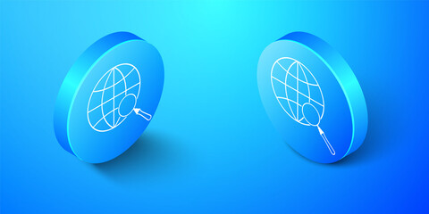 Isometric Magnifying glass with globe icon isolated on blue background. Analyzing the world. Global search sign. Blue circle button. Vector.