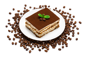 Traditional Italian Tiramisu square dessert portion on ceramic plate and coffee beans isolated on white