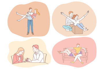 Love, dating, romance, proposal, relationship, togetherness, couple concept. Young loving happy couple cartoon characters having fun, making proposal, enjoying time together and relaxing 