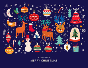 Christmas decorative collection with funny Santa Claus, Christmas toys, Christmas tree and holiday elements. Christmas greeting card