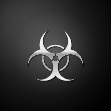 Silver Biohazard symbol icon isolated on black background. Long shadow style. Vector.