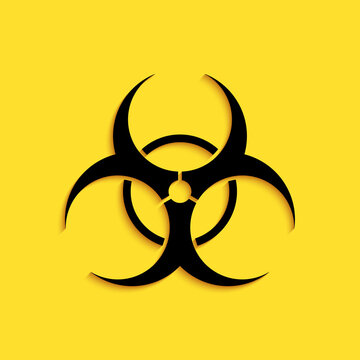 Black Biohazard symbol icon isolated on yellow background. Long shadow style. Vector.