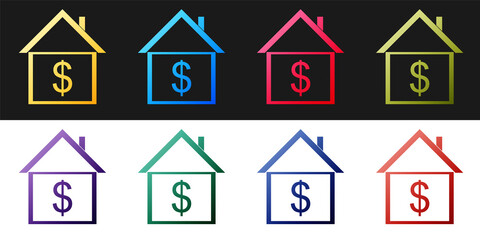 Set House with dollar icon isolated on black and white background. Home and money. Real estate concept. Vector.