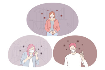 Danger or coronavirus infection, protection, medical mask, epidemic, pandemic, outbreak concept. People in medical protective masks preventing influence of infection and bacterias around. Healthcare 