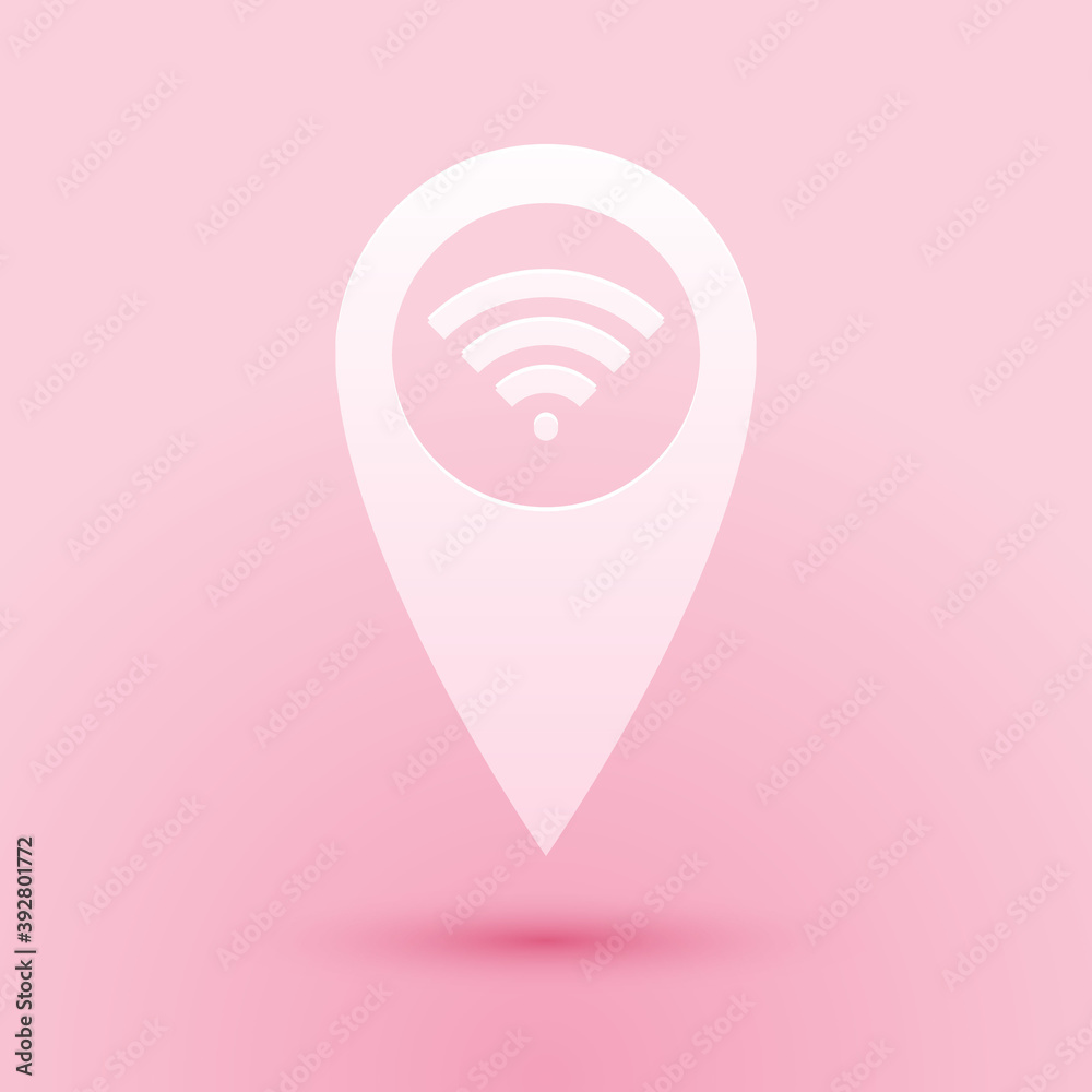 Poster paper cut pointer map with wifi internet signal connection icon isolated on pink background. paper a