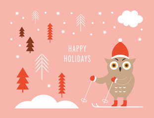 Cute owl ski in minimalist style . Christmas card, poster, flyer. Printable card	