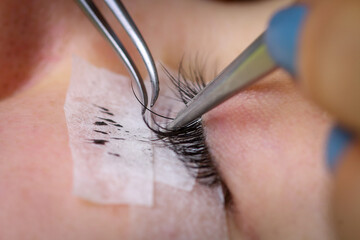 Obraz premium Eyelash extension procedure, woman eye with Long eyelashes