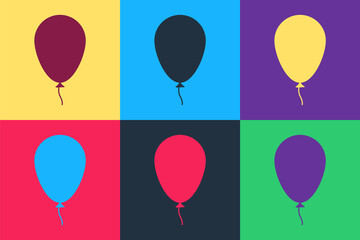 Pop art Balloon with ribbon icon isolated on color background. Vector.