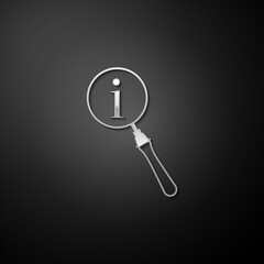Silver Magnifying glass and information icon isolated on black background. Search with information sign. Long shadow style. Vector.