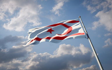 Northern Cyprus national flag waving at sky background close-up.