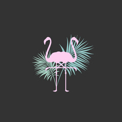 Pink Flamingos and palm leaves. Animal World. Tropical bird card.
