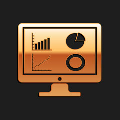 Gold Computer monitor with graph chart icon isolated on black background. Report text file icon. Accounting sign. Audit, analysis, planning. Long shadow style. Vector.
