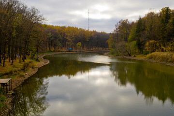 Fototapeta premium Aerial view of small lake in the forest.