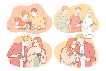 Online communication, chatting, dating concept. Smiling teen boys and girls using smartphones, searching information, sharing posts, dating, chatting, communicating online. Technologies, smartphone