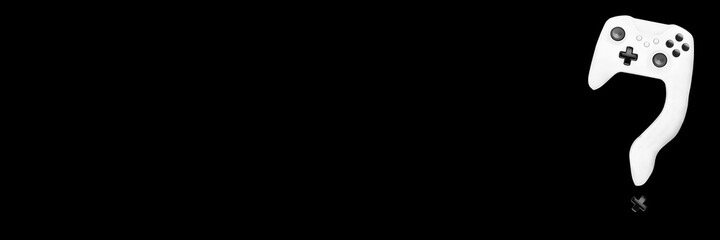 A narrow, horizontal background in black with a stylized game joystick curved as a question mark...