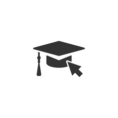 Graduation cap or mortar board icon with cursor. Flat illustration isolated on white.