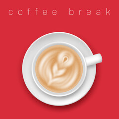 White coffee cup and saucer top view on red background